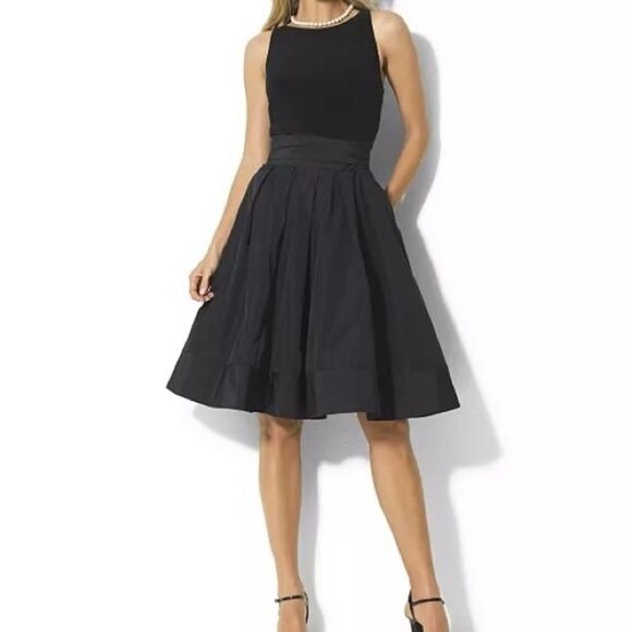 Lauren Ralph Lauren Cocktail Dress Sz 10 Yuri Taffeta & Jersey Black Tea Length - Picture 1 of 9